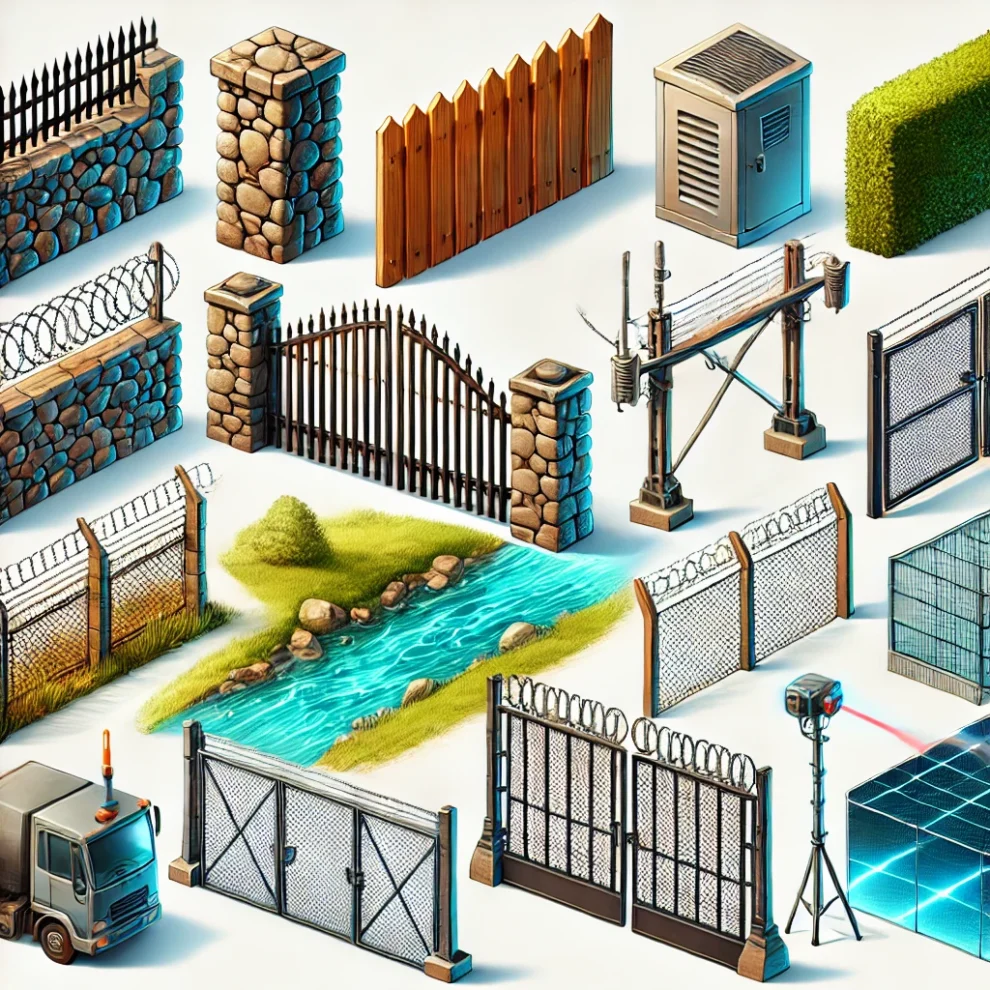 DALL·E 2025-02-14 17.23.55 – An artistic illustration featuring nine distinct barriers. Each barrier is unique in design, material, and style. Some examples include a stone wall,
